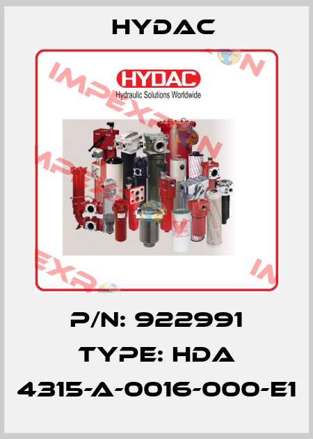 P/N: 922991 Type: HDA 4315-A-0016-000-E1 Hydac