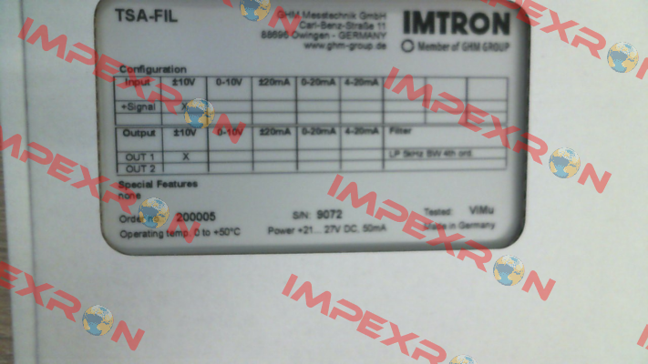 501542 TSA-FIL1-V1-5K-BW-V1 Imtron